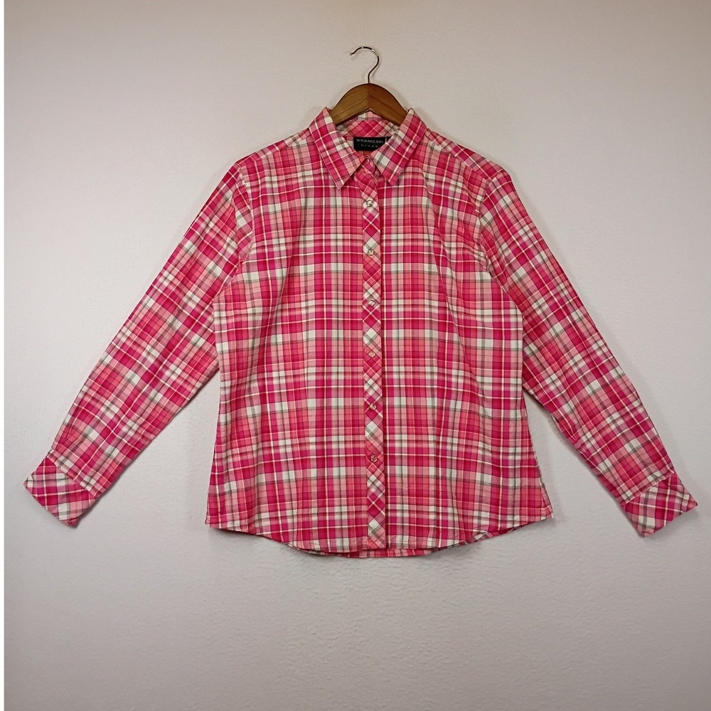 Western Farmcore Wrangler Blues Womens Large Pink Plaid Cotton Button Down Shirt